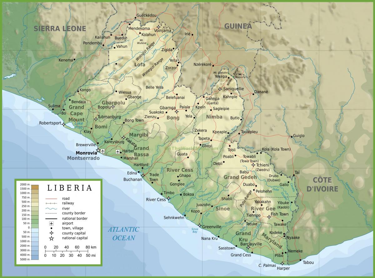 描画を物理的地図のリベリア