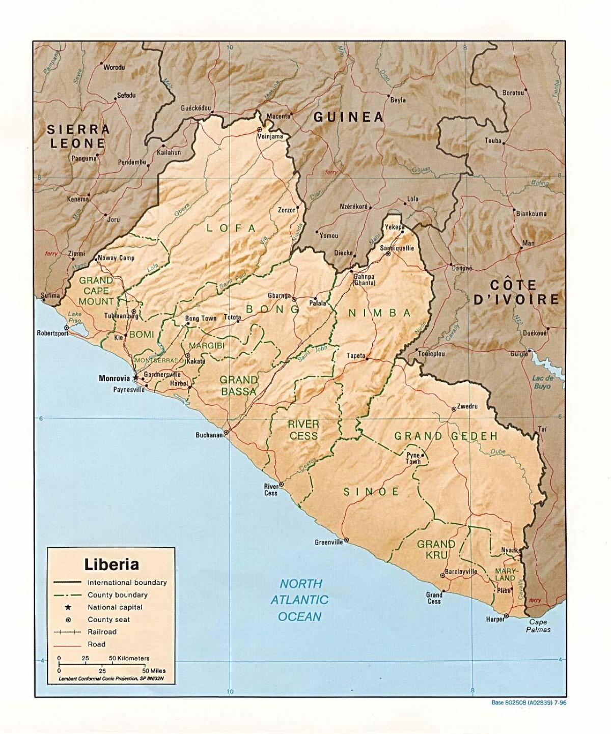 描画の立体地図（レリーフマップのリベリア